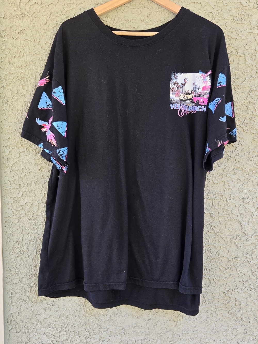 Fresh Laundry Black Graphic Tee with Pink & Blue Tropical Print Venice Beach